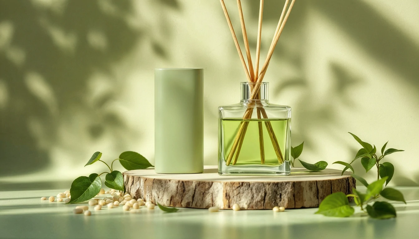Difusor de ambiente Alma Serena da Evolua Pulse, com embalagem sofisticada e clean, em harmonia com elementos que remetem à natureza e bem-estar, como tons de verde e detalhes de madeira